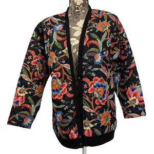 Vibrant Floral Quilted Bomber Jacket/Blazer + Shoulder Pads By Orare Made In USA